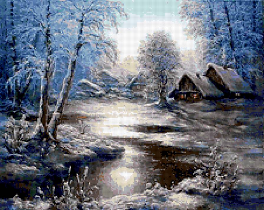 Зимушка. М.и Е. Иваненко - закат, зима, домики, снег - предпросмотр