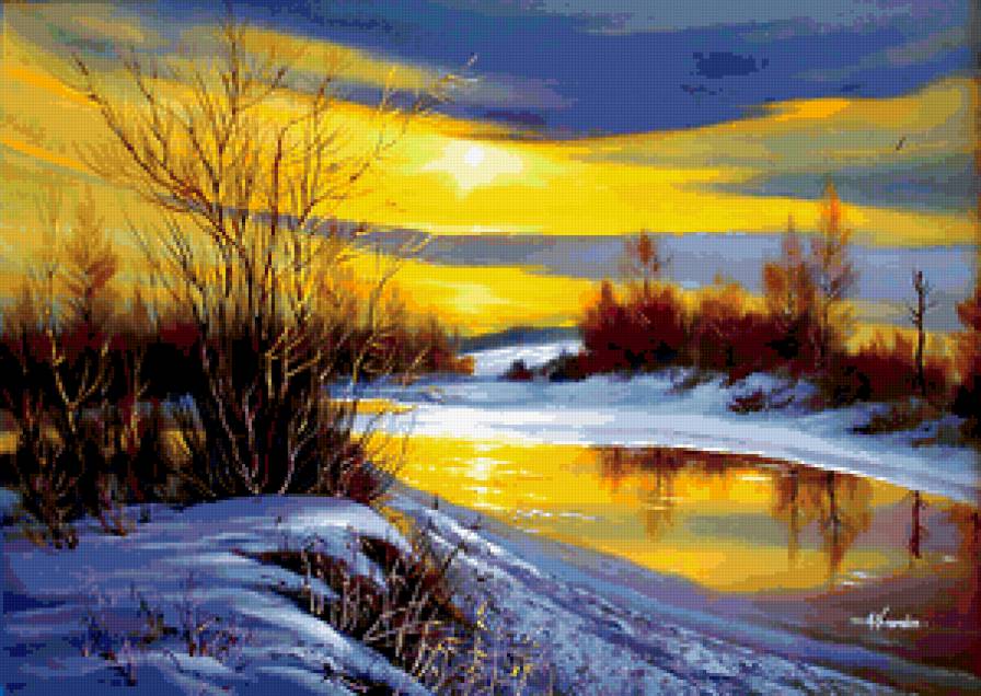 картина - зима, речка., природа - предпросмотр