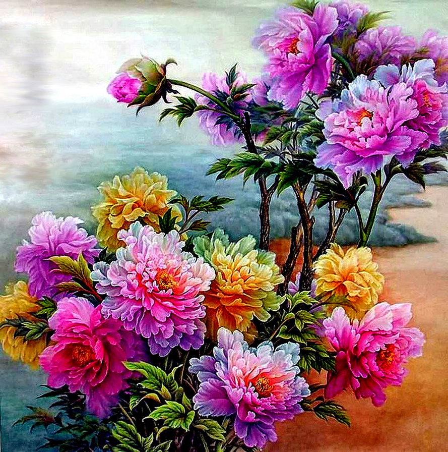 китайская живопись - пионы, цветы, куст, восток - оригинал