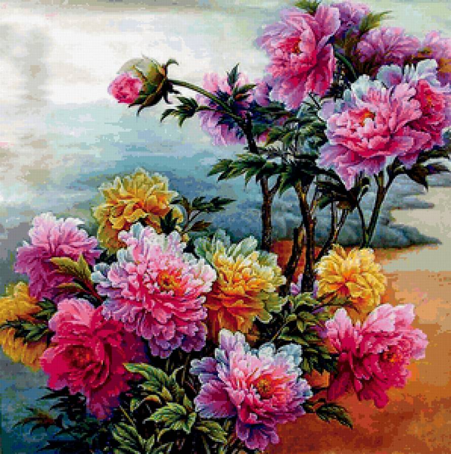 китайская живопись - цветы, восток, пионы, куст - предпросмотр