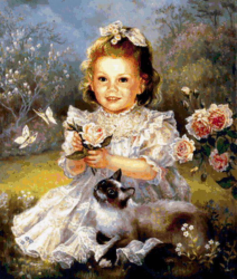 картина - цветы, лето, девочка, котенок - предпросмотр