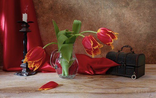 тюльпаны - цветы, букет, натюрморт, свечи, свеча - оригинал