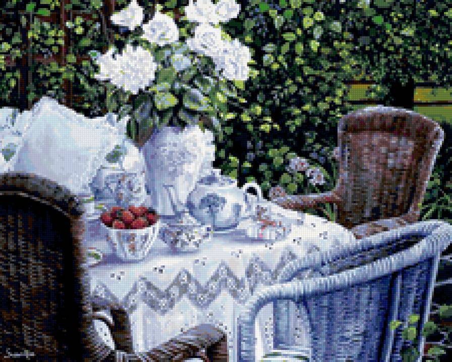 чаепитие в саду - чайный сервиз, столик, розы - предпросмотр