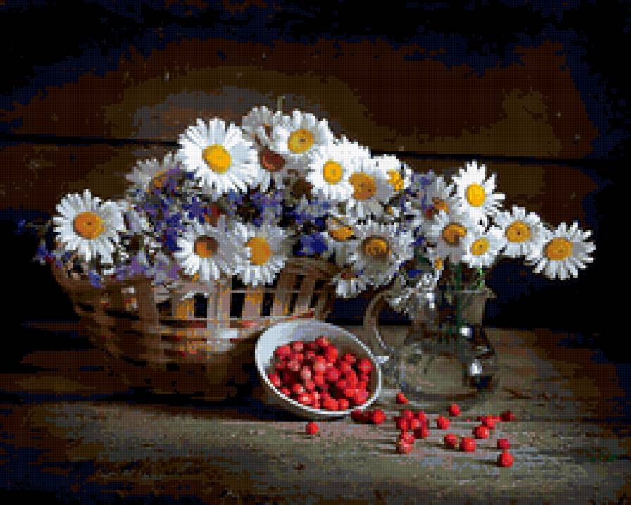 натюрморт - букет, земляника, лето, цветы, ромашки, натюрморт, ягоды - предпросмотр
