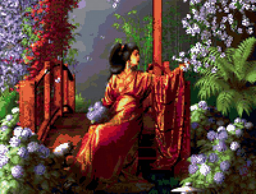 Гейша с цветами - цветы, девушка, восток, пейзаж - предпросмотр