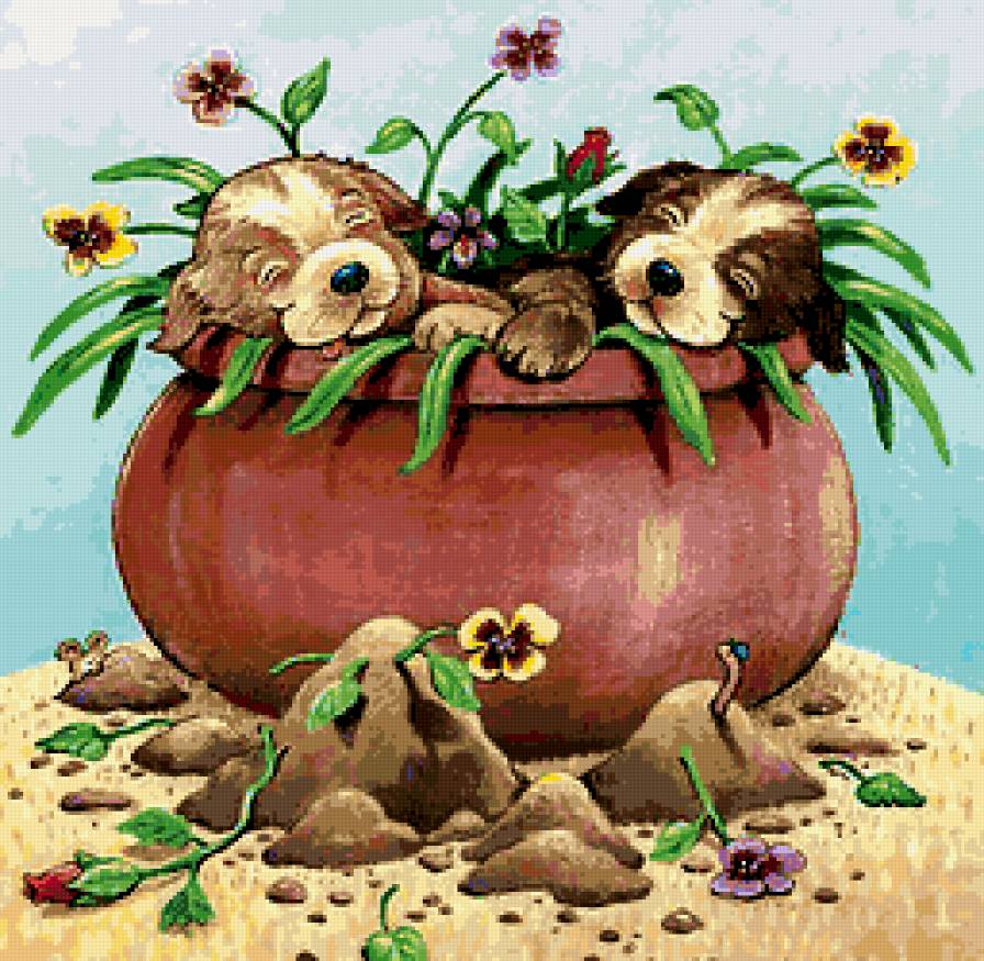 Маленькие проказники - собачки, цветы - предпросмотр