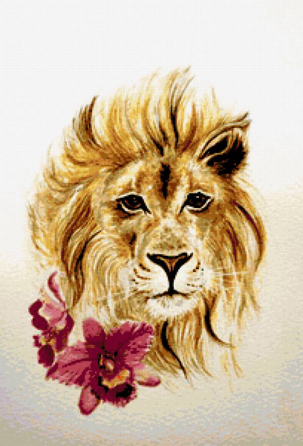 Лев и Орхидеи - дикие кошки, орхидея, лев, львы, животные, цветы - предпросмотр
