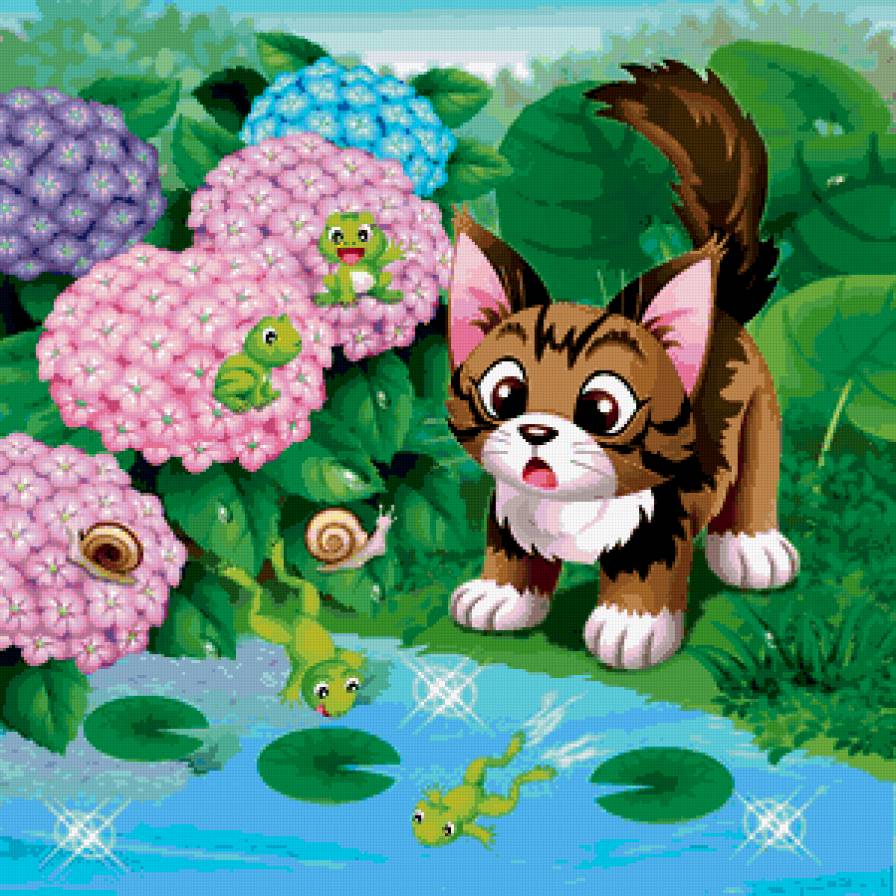 детская - цветы, вода, котенок, лягушки, лето - предпросмотр