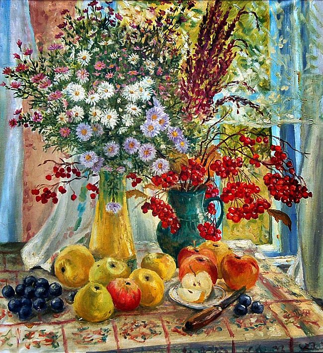 Цветы - букет, цветы, натюрморт, осенний, яблоки, ромашки - оригинал