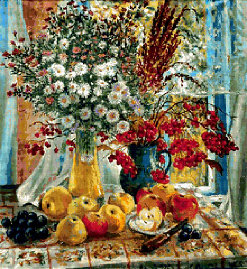 Цветы - яблоки, букет, ромашки, цветы, натюрморт, осенний - предпросмотр