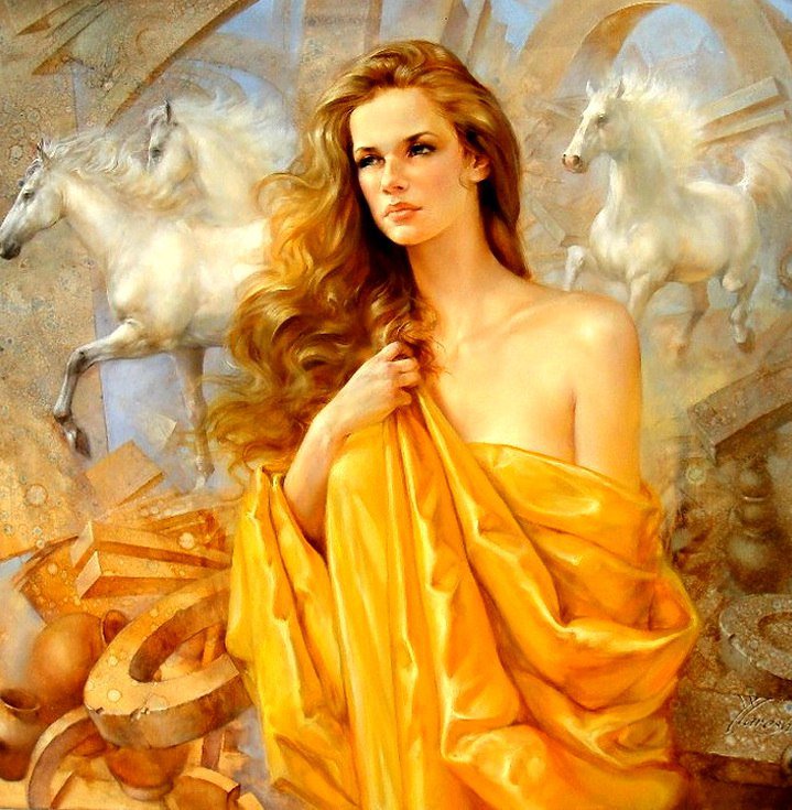Золотоволосая девушка - женщина, женский образ, лошадь - оригинал