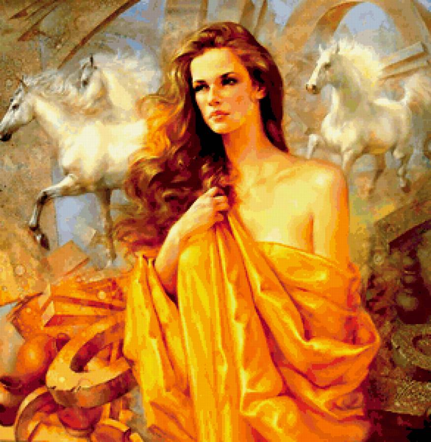 Золотоволосая девушка - женский образ, женщина, лошадь - предпросмотр