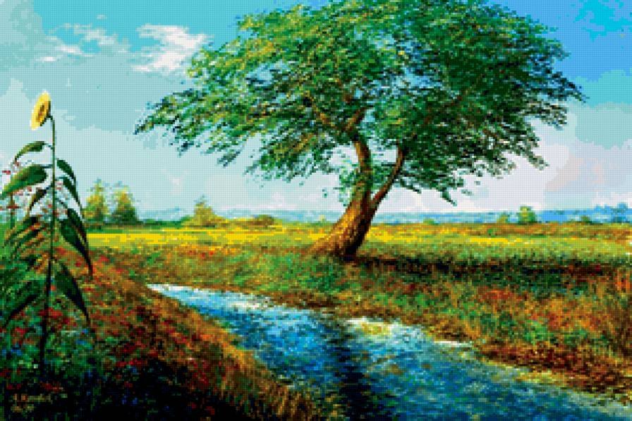 Река в поле - поле, река, природа, пейзаж, дерево - предпросмотр