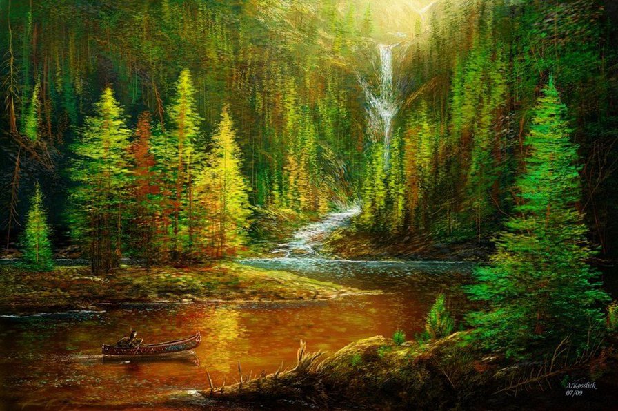 Индеец - пейзаж, пирога, человек, лес, индеец, река - оригинал