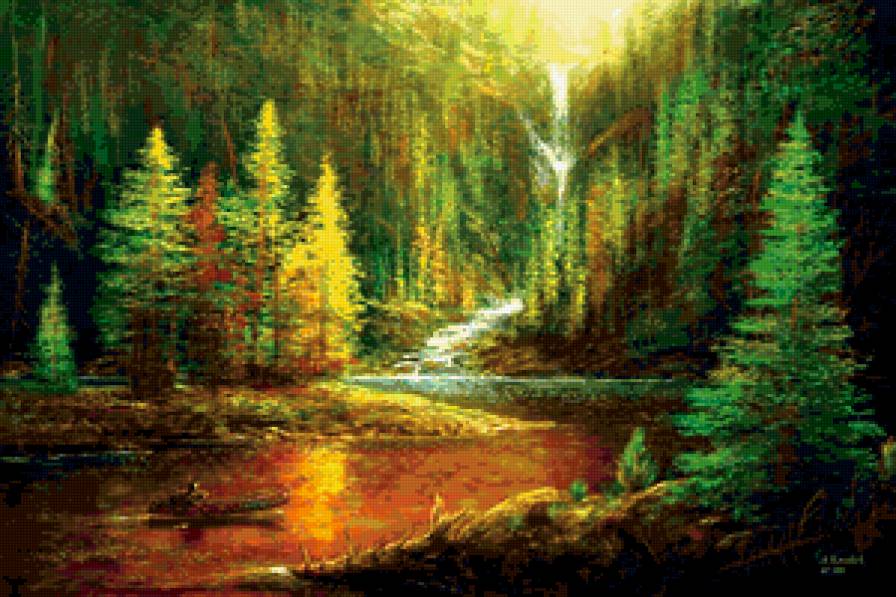 Индеец - пейзаж, река, человек, индеец, пирога, лес - предпросмотр