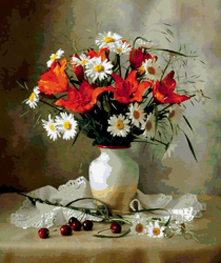 натюрморт - букет, лето, цветы, натюрморт, лилии, ромашки - предпросмотр