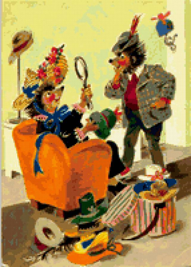 Серия ёжики "Выбираем шляпку" - немецкие открытки, семья ежиков - предпросмотр