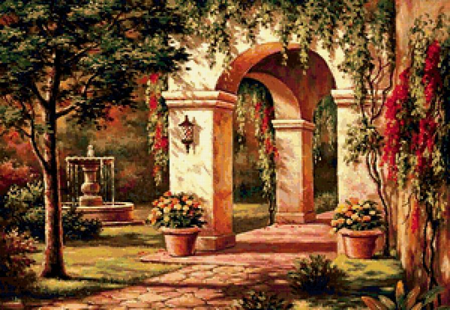 Уютный дворик - двор, цветы, юг, фонтан - предпросмотр