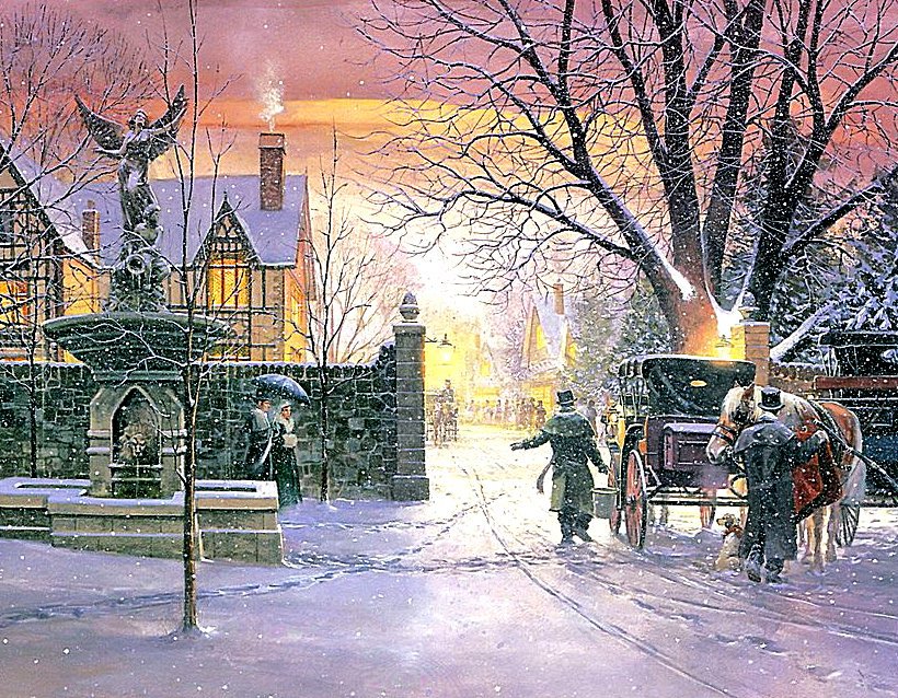 Снегопад в ночи - домики, ночь, зима, снегопад, карета - оригинал