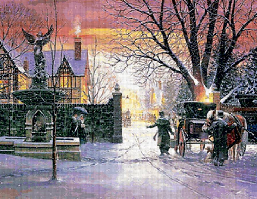 Снегопад в ночи - карета, снегопад, зима, домики, ночь - предпросмотр