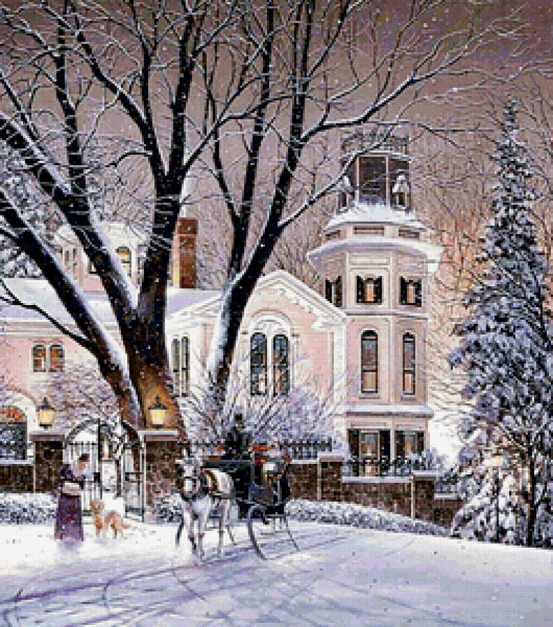 Снегопад - домики, снегопад, карета, зима - предпросмотр