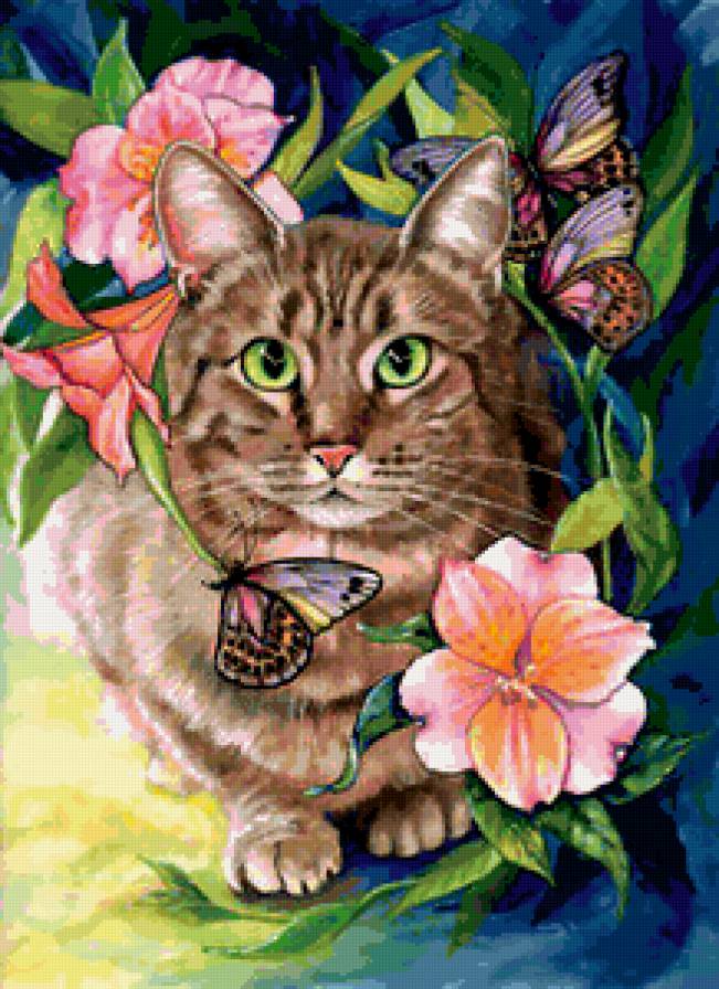 Серия "Кошки" - животные, кошки, букет, бабочки, цветы - предпросмотр