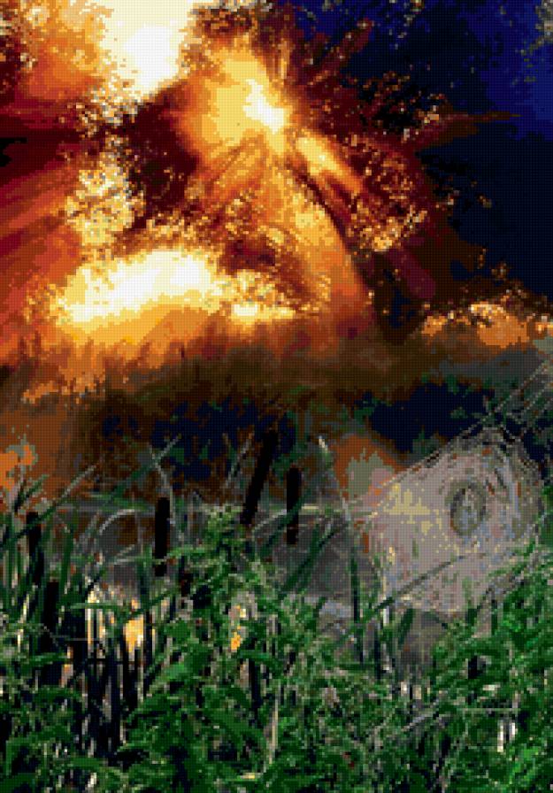 Летнее утро - пруд, солнце, лето, паутинка - предпросмотр