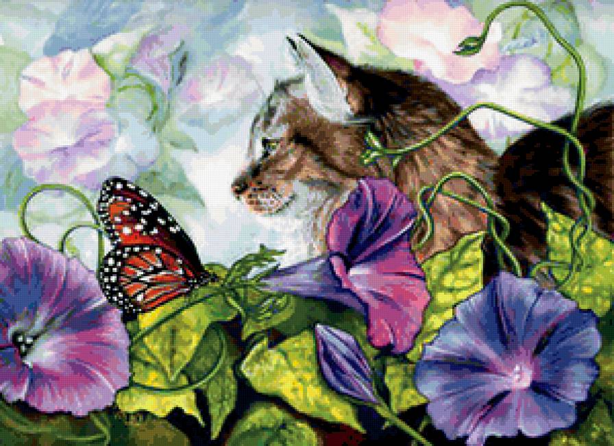 Серия "Кошки" - бабочки, животные, цветы, кошки, букет - предпросмотр