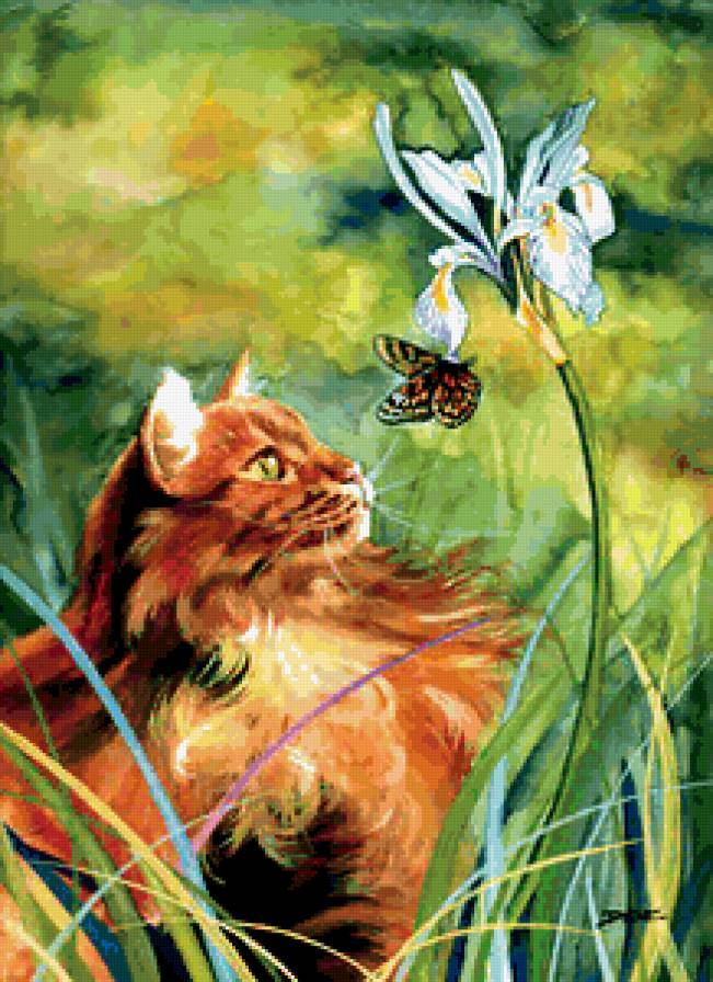 Серия "Кошки" - кошки, букет, цветы, животные, бабочки - предпросмотр
