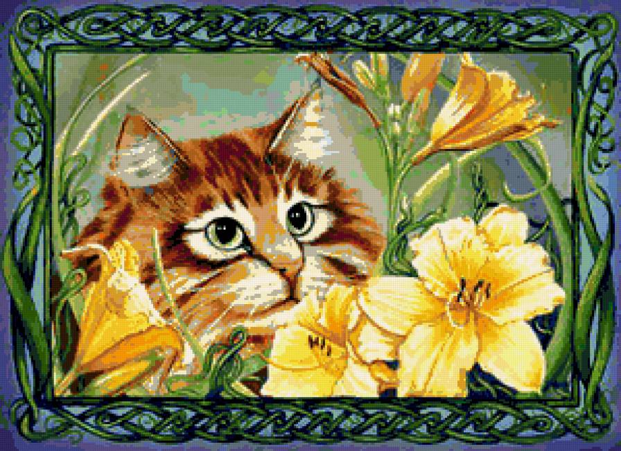 Серия "Кошки" - букет, кошки, цветы, лилии, животные - предпросмотр