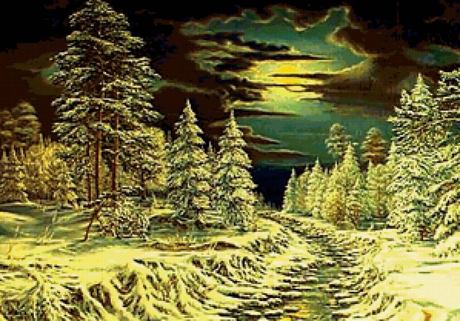 Лунный рассвет - пейзаж, елочки, луна, ночь, зима - предпросмотр