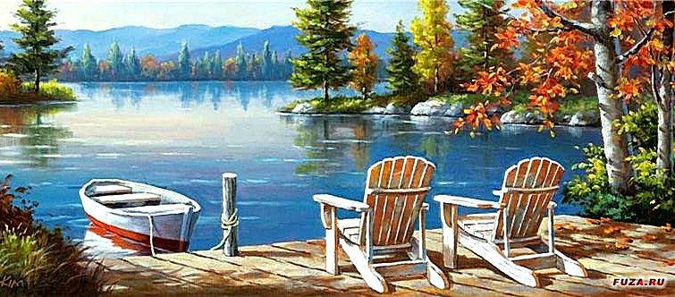 На берегу озера - лодка, кресла, озеро, берег, пейзаж - оригинал
