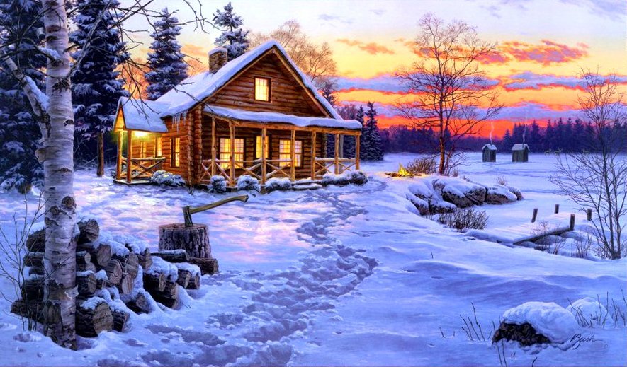 Зимний вечер - зима, дом, пейзаж - оригинал