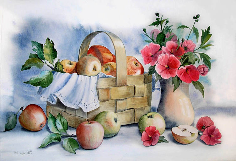 Натюрморт - яблоки, цветы, натюрморт - оригинал
