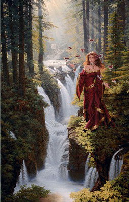 Лесной водопад - девушка, лес, водопад, река - оригинал