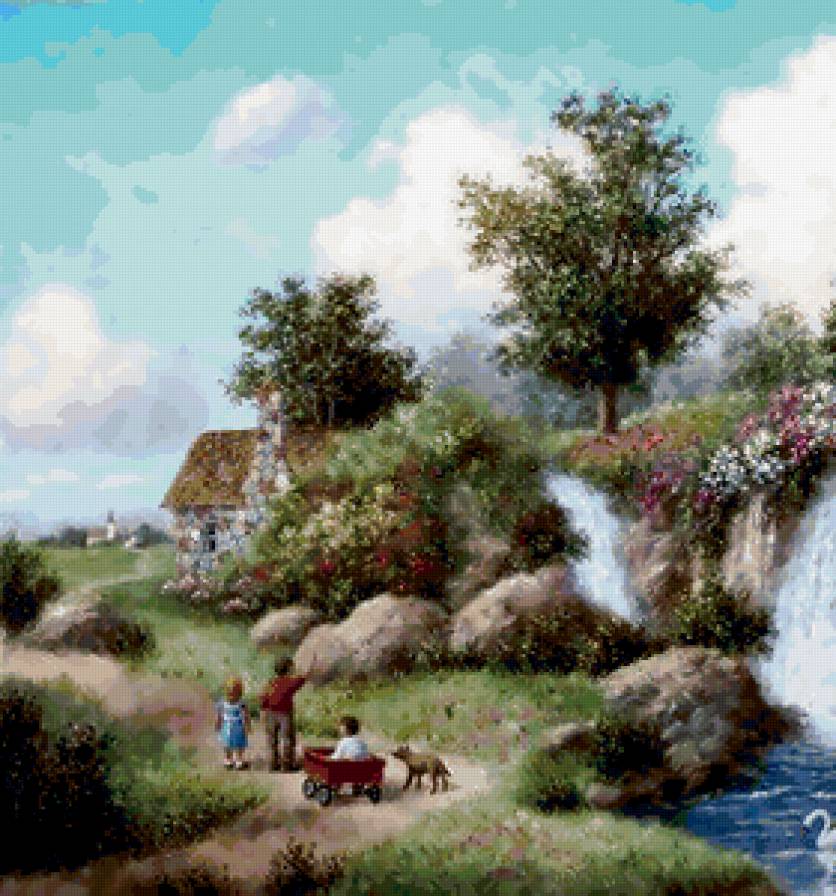 Дети у домика - озеро, водопад, дети, сад, дом - предпросмотр