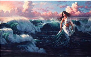 Идущая по волнам - волны, закат, море, девушка - оригинал