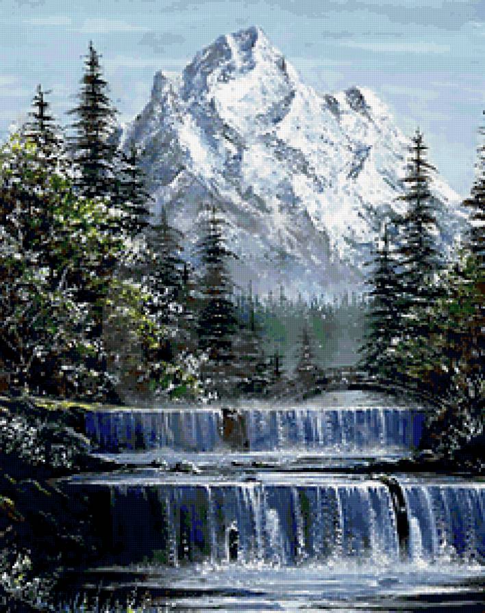 горный пейзаж - природа, водопад, вода, горы, лето, деревья - предпросмотр