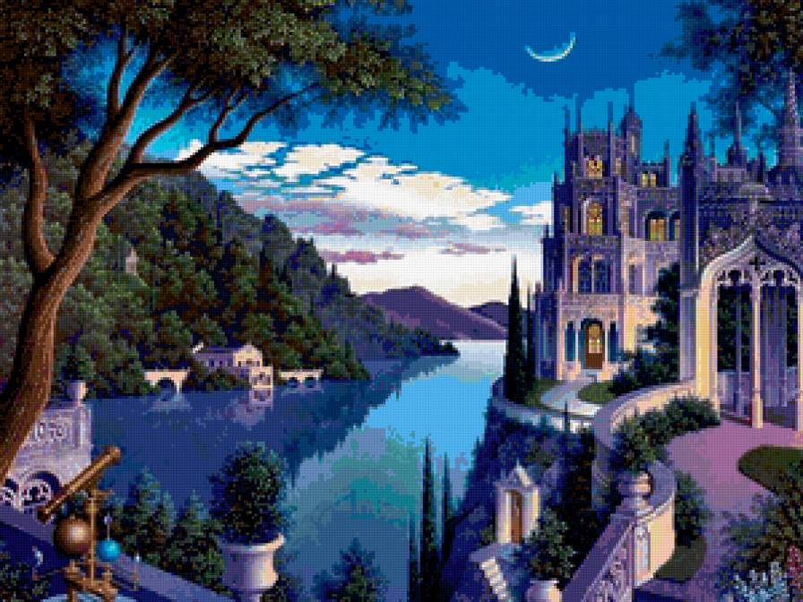 замок на закате - пейзаж, вода, деревья, лето - предпросмотр