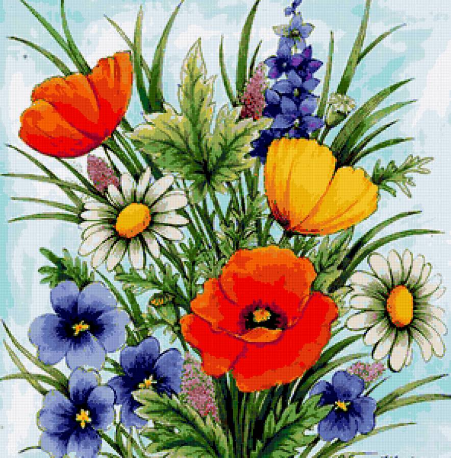 Букет полевых цветок - васильки, ромашки, цветы, маки, флора, полевые цветы, букет - предпросмотр