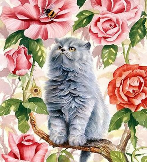 Серия "Кошки" - животные, кошки, розы, цветы, букет - оригинал