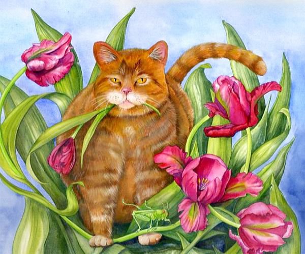 Серия "Кошки" - букет, животные, тюльпаны, кошки, цветы - оригинал
