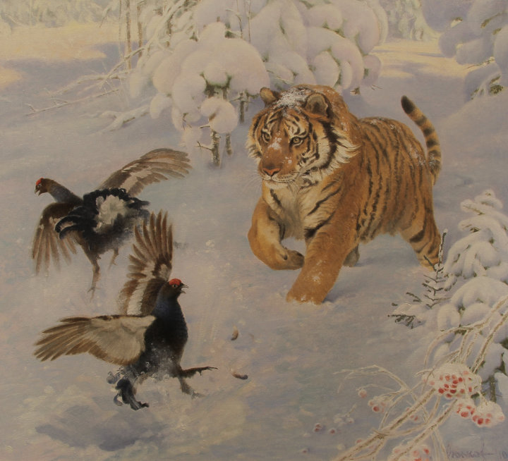 Встреча - пейзаж, животные, снег, зима, птицы - оригинал