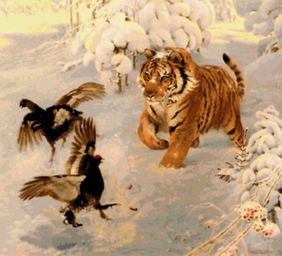 Встреча - зима, птицы, снег, пейзаж, животные - предпросмотр