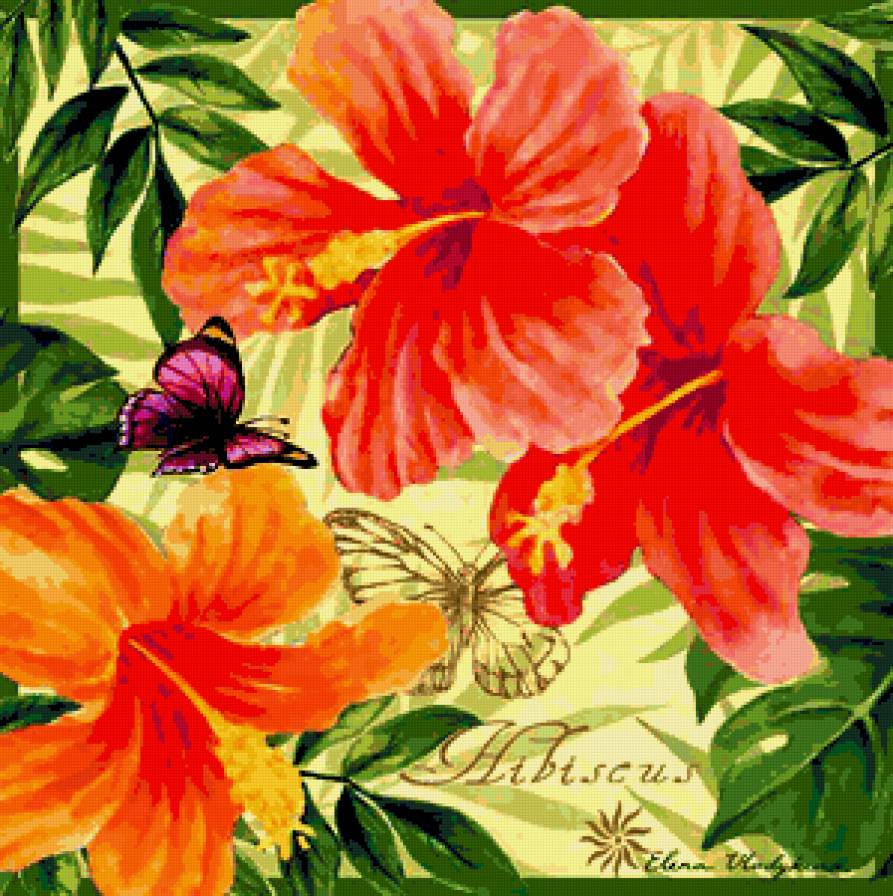 Подушка "Гибискусы" - гибискусы, подушки, подушка, гибискус, бабочка, цветы, тропики - предпросмотр