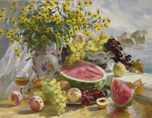 Крымский натюрморт - цветы, фрукты, натюрморт, солнце - оригинал