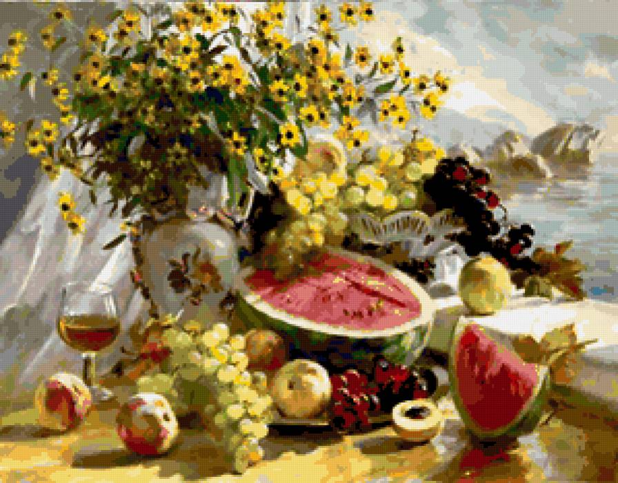 Крымский натюрморт - натюрморт, солнце, фрукты, цветы - предпросмотр