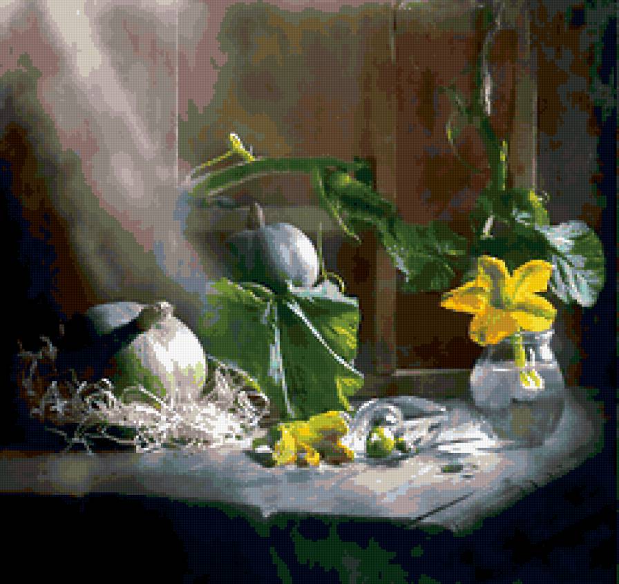 натюрморт с тыквой - тыква, натюрморт, цветок - предпросмотр