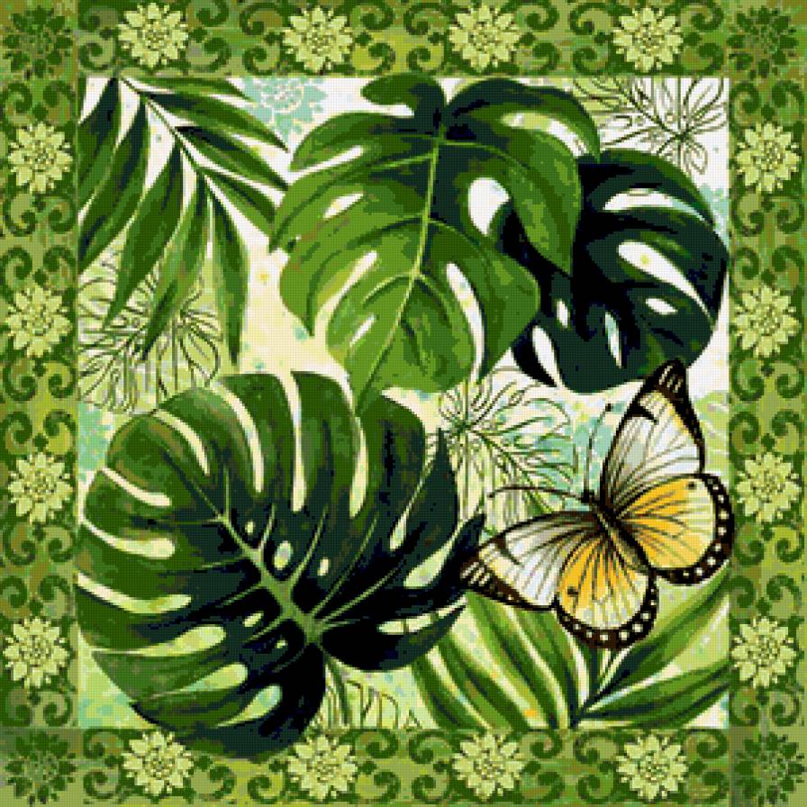 Подушка "Летнее настроение" - узоры, листья, подушка, зелень, бабочки, бабочка, пальма - предпросмотр