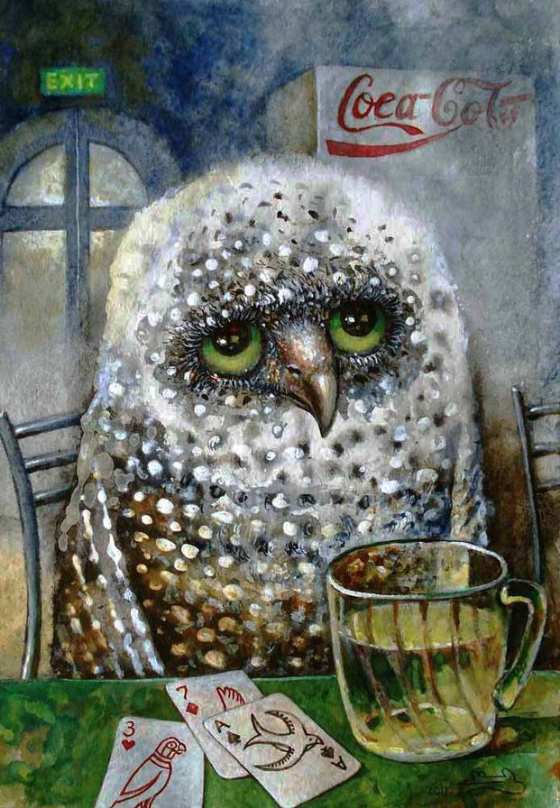 Совенок Печалька - сова, птицы, иллюстрации, живопись - оригинал